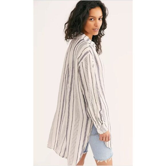 Free People CP Shades Linen Stripe Button-down Shirt Oversized Size XS NEW - Picture 4 of 8